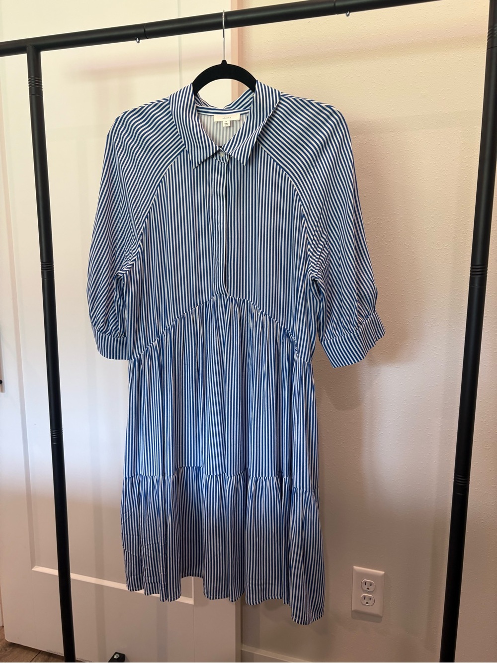 Blue Striped Midi Shirt Dress with Collar